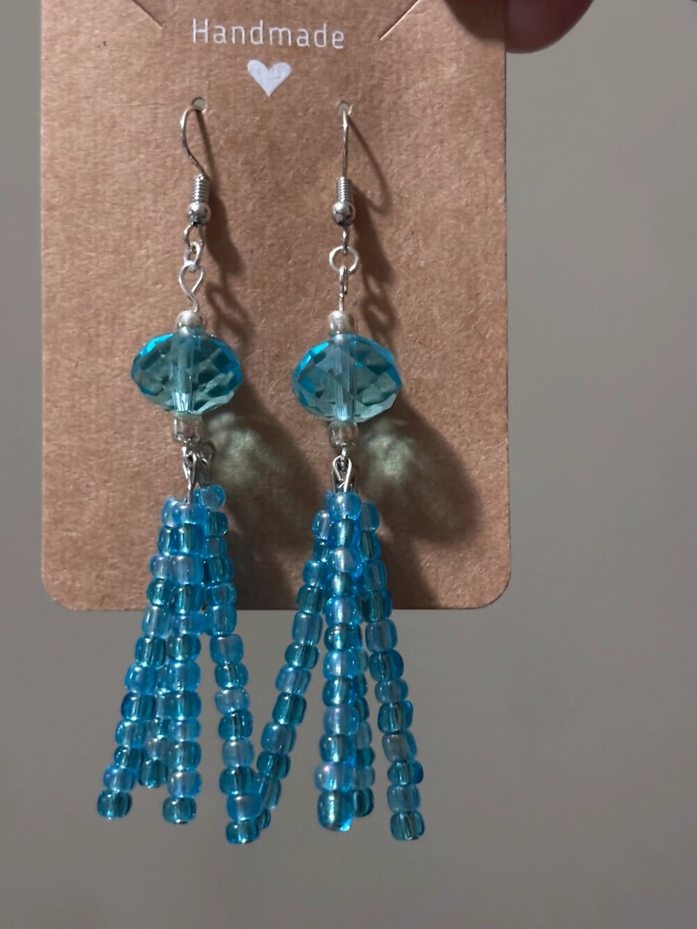 Handmade Aqua Blue Crystal Faceted Bead Tassel Dangle Earrings